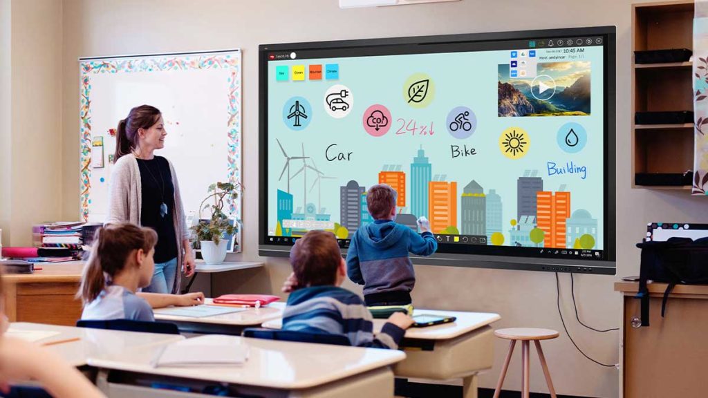  An elementary school classroom with an interactive whiteboard displaying a learning game about percentages.