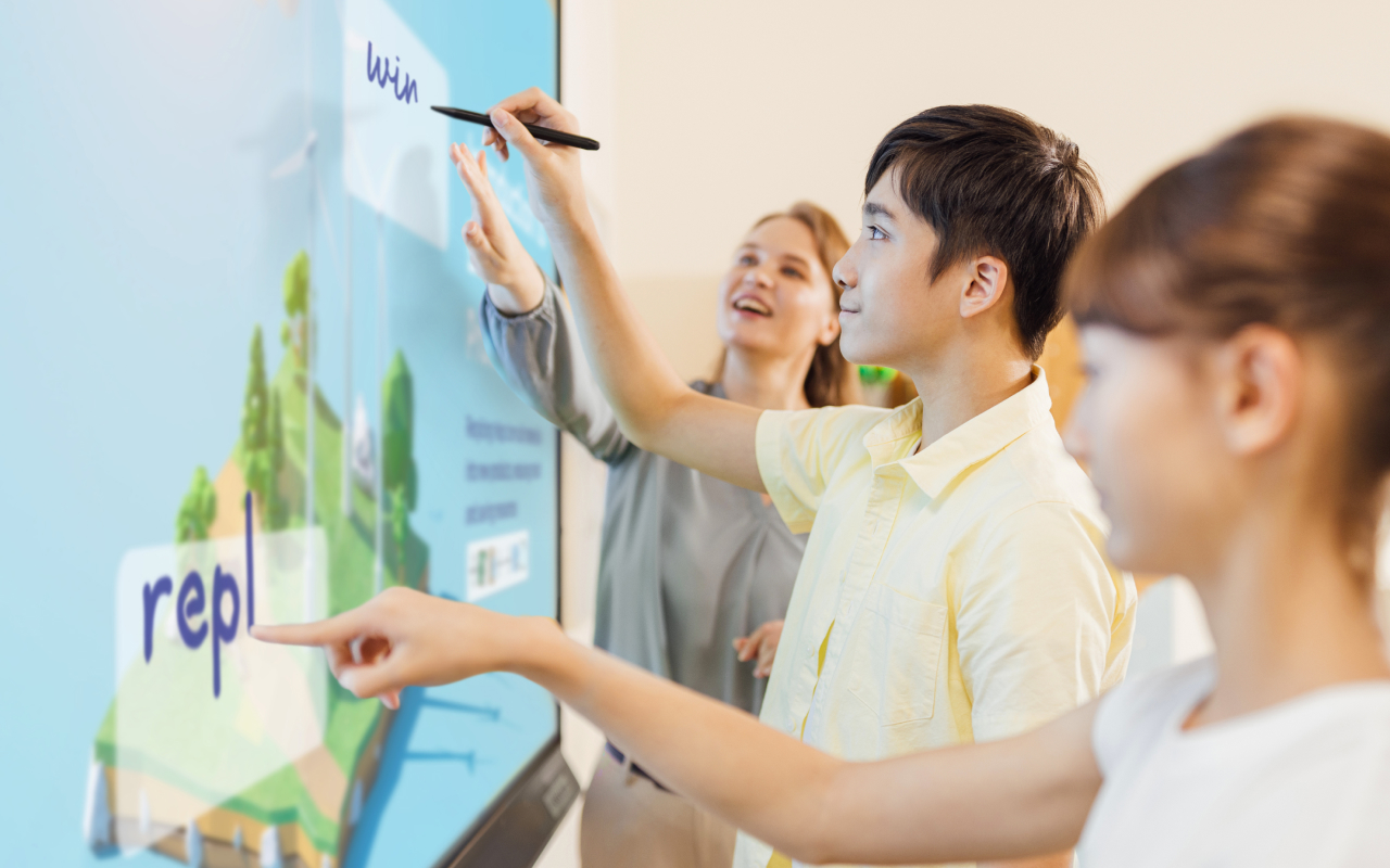 Students participating in a lesson with a ViewBoard interactive display.
