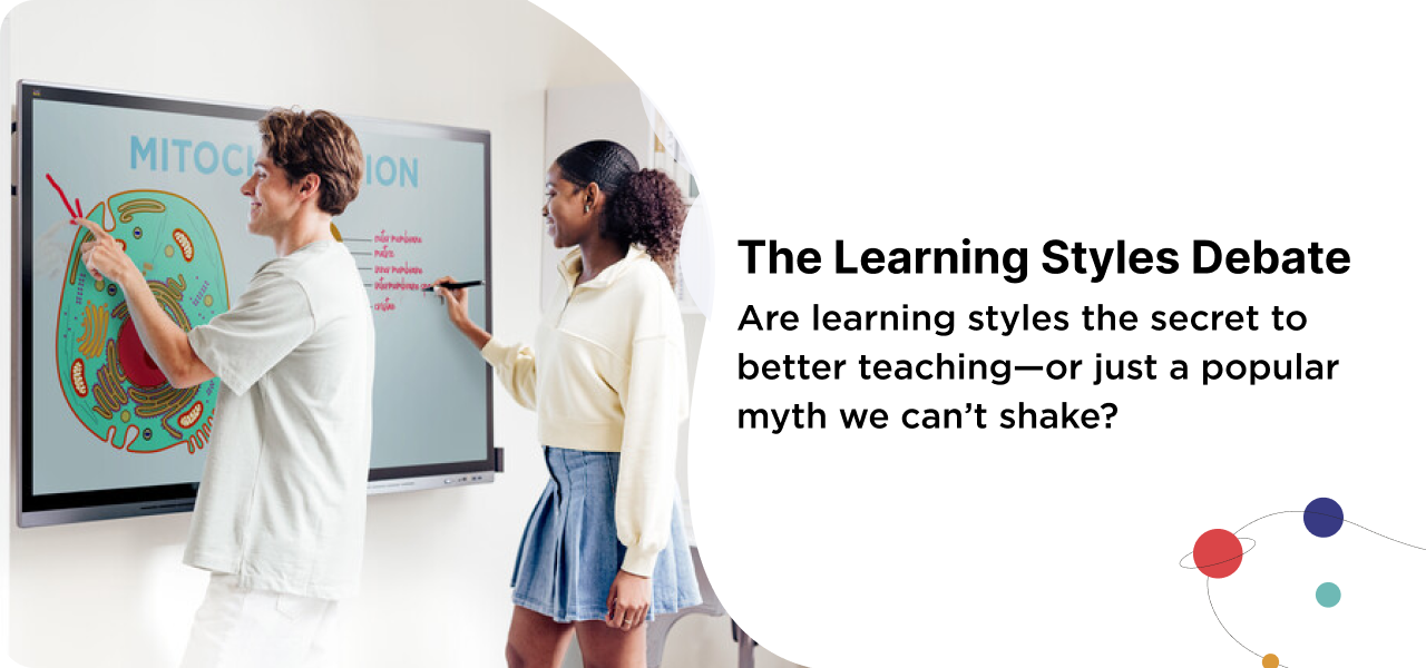 Two students collaborate at a ViewBoard interactive display in a modern science classroom. One is using a stylus to label a mitochondrion diagram, while the other stands nearby, annotating with their finger. The scene reflects how educational technology can support different learning styles, such as visual and kinesthetic learning.

Text on image reads:
The Learning Styles Debate
Are learning styles the secret to better teaching—or just a popular myth we can’t shake?