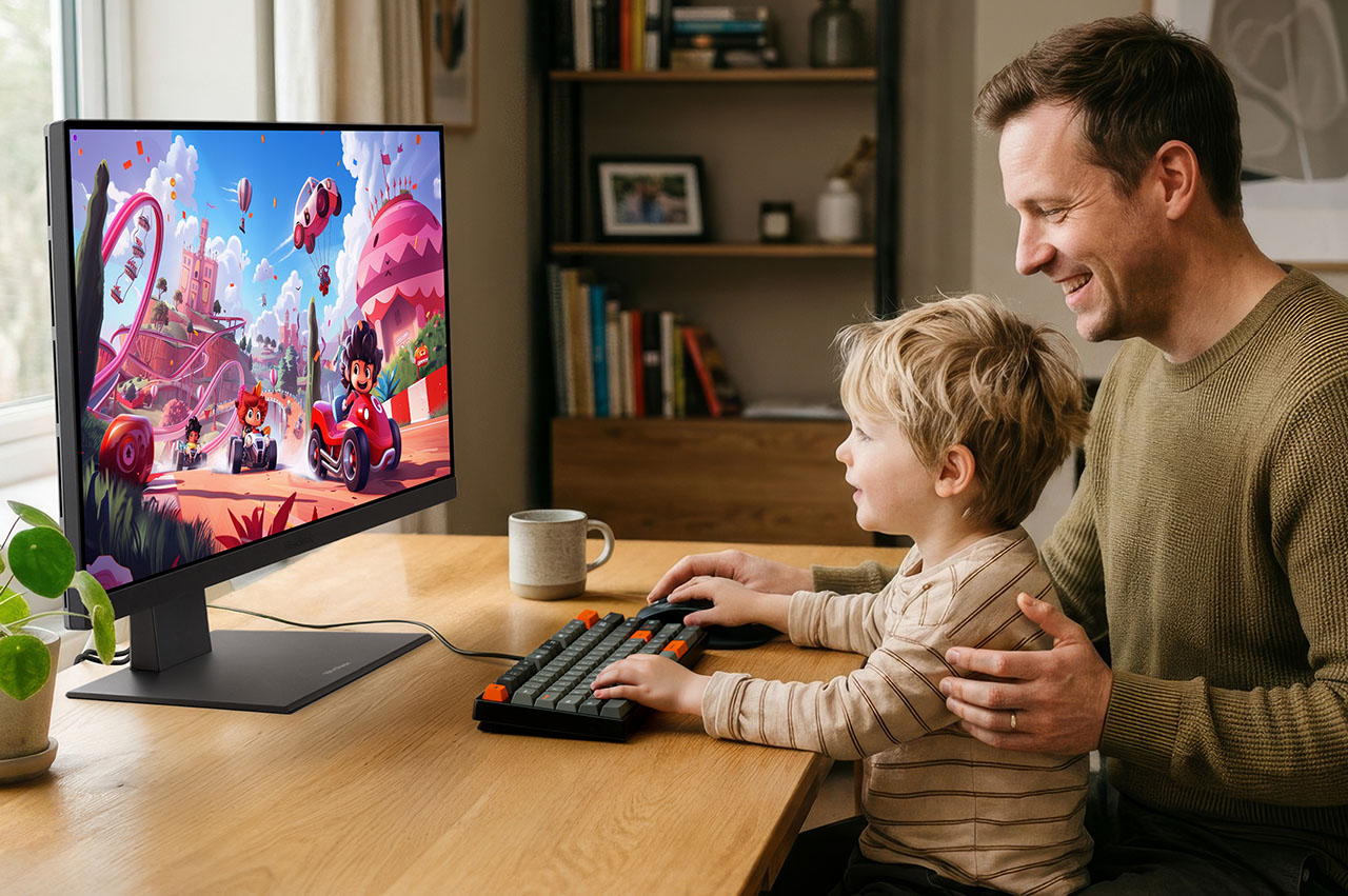 A man looking at a colorful picture on a monitor with his son on his lap.