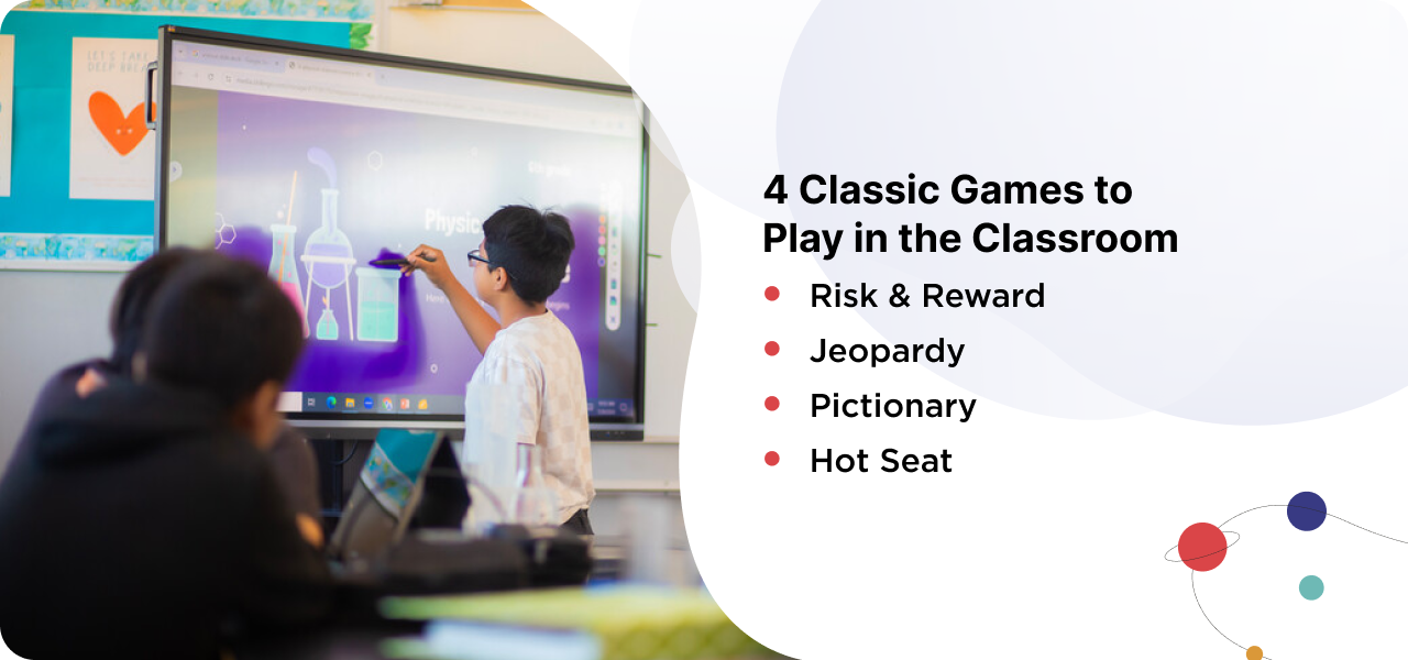 A student draws a chemistry diagram on an interactive digital whiteboard in a classroom while others watch. To the right, a graphic lists “4 Classic Games to Play in the Classroom” with the following games: Risk & Reward, Jeopardy, Pictionary, and Hot Seat. The layout combines a real classroom photo with playful, modern design elements.