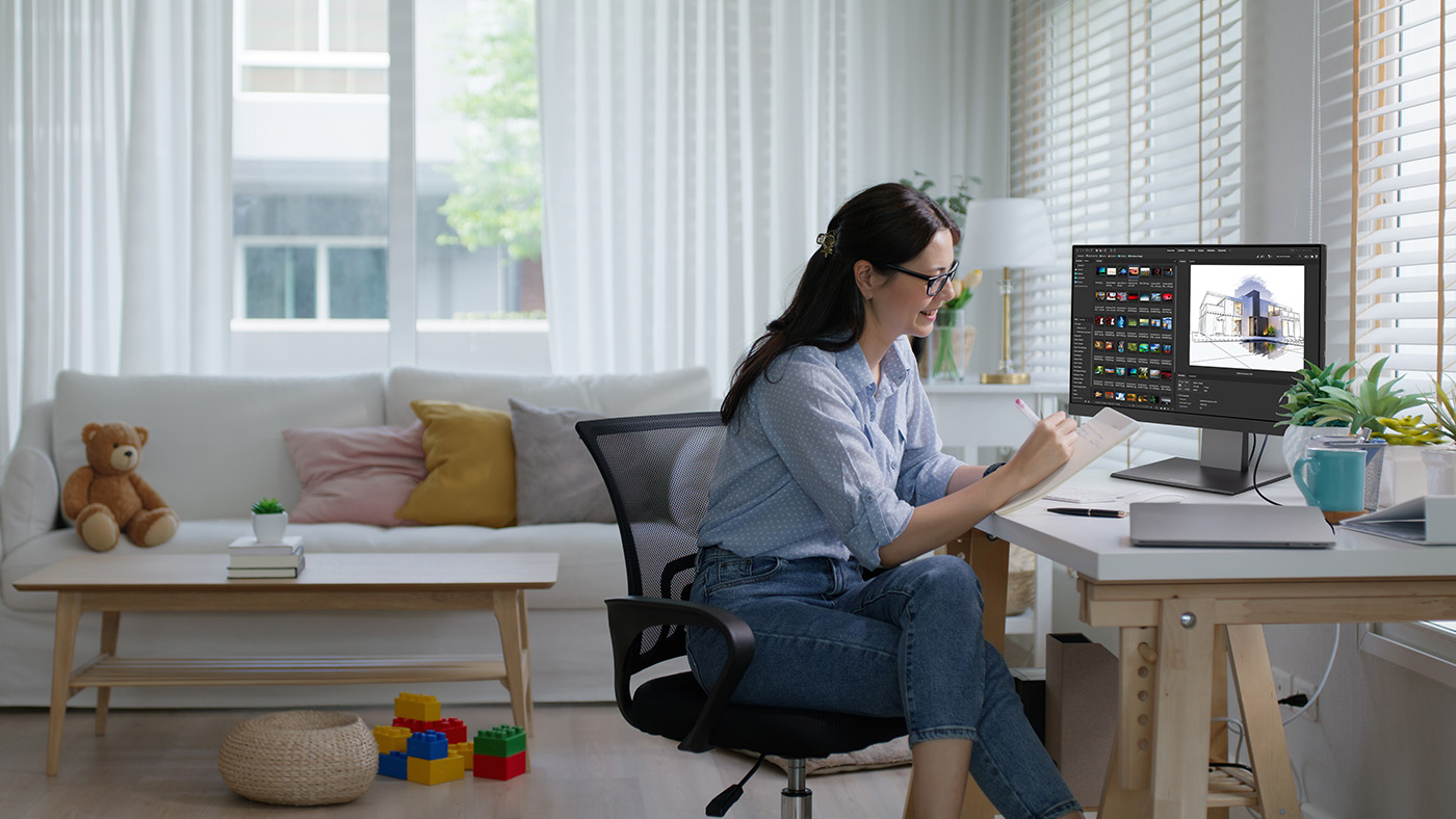 Mother working remotely from her home