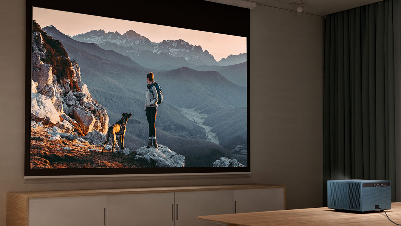 A projector screen showing a dog and a person on a mountain.