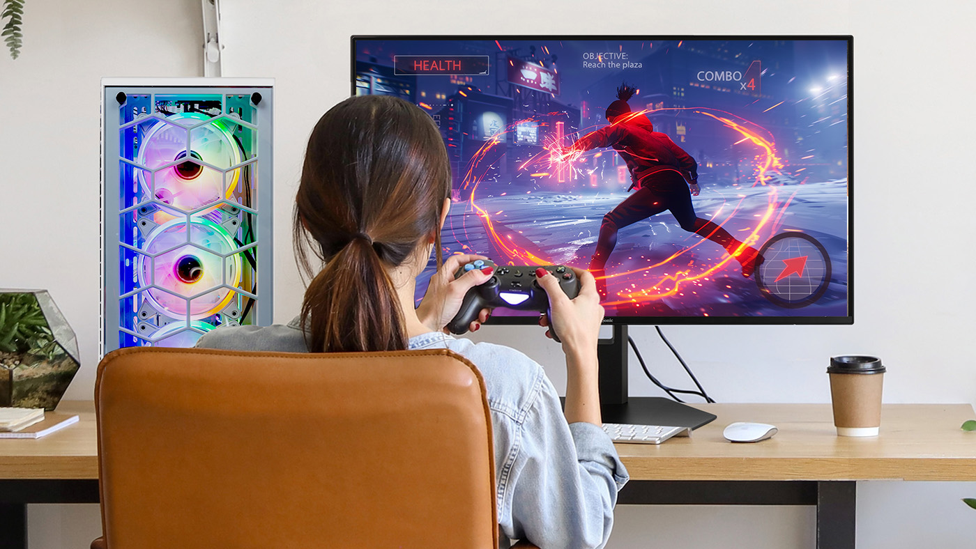A brown-haired woman playing a fighting game on an OLED gaming monitor with a fast response time.