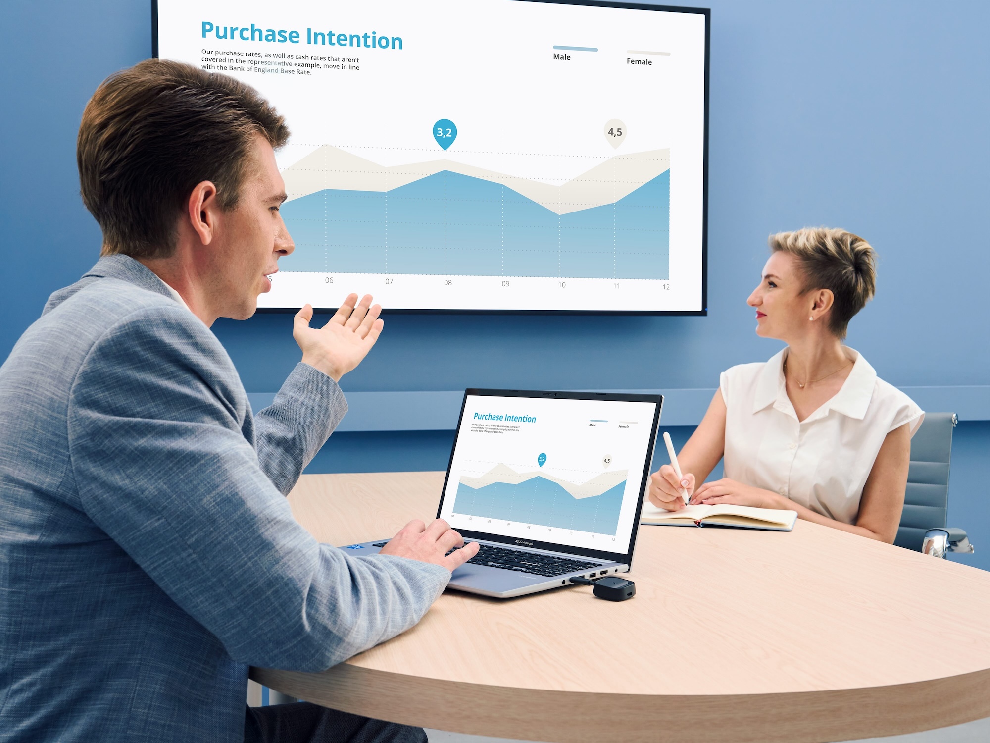 Two people in a business meeting room.