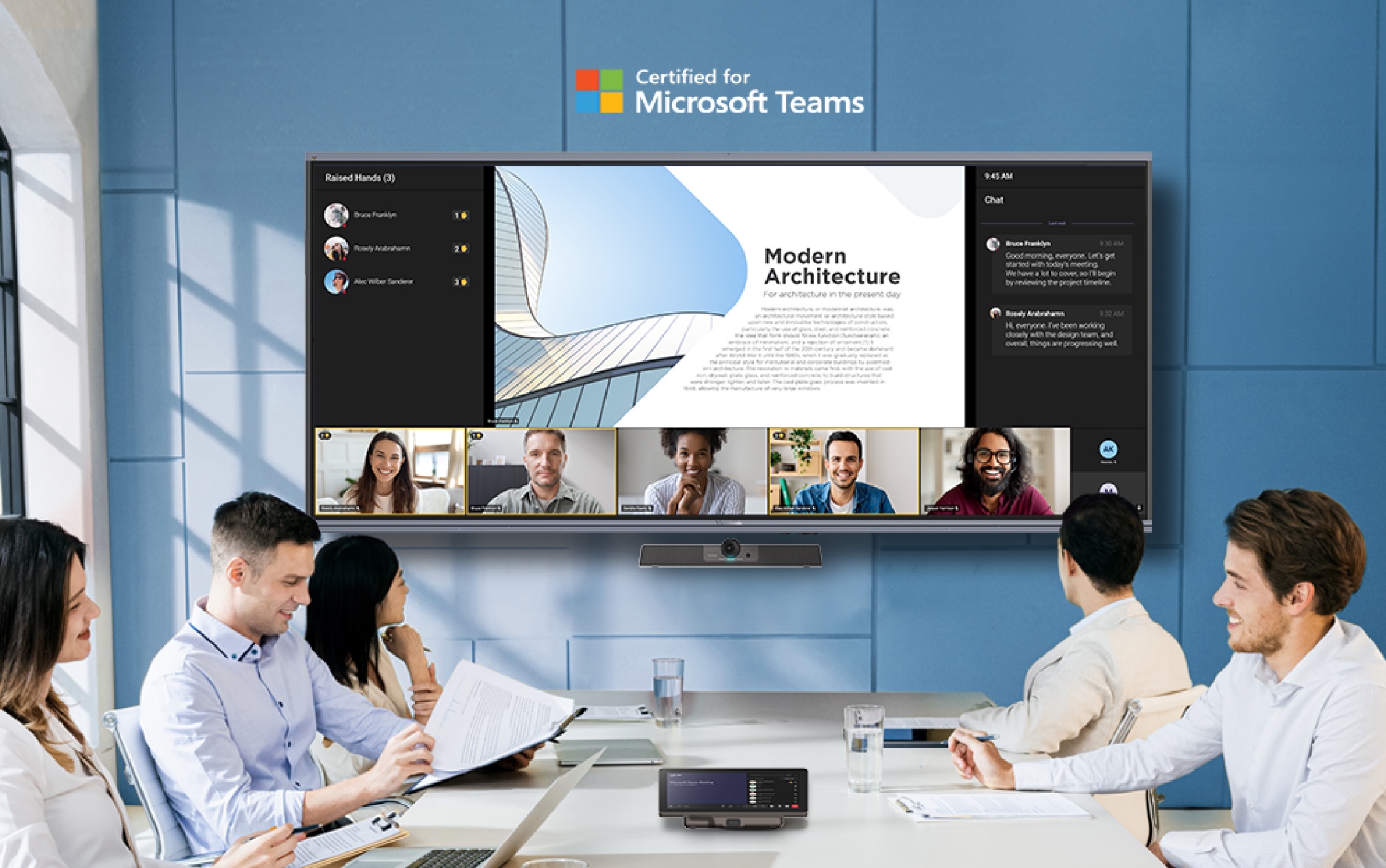 People in boardroom with ViewSonic video conferencing solution.