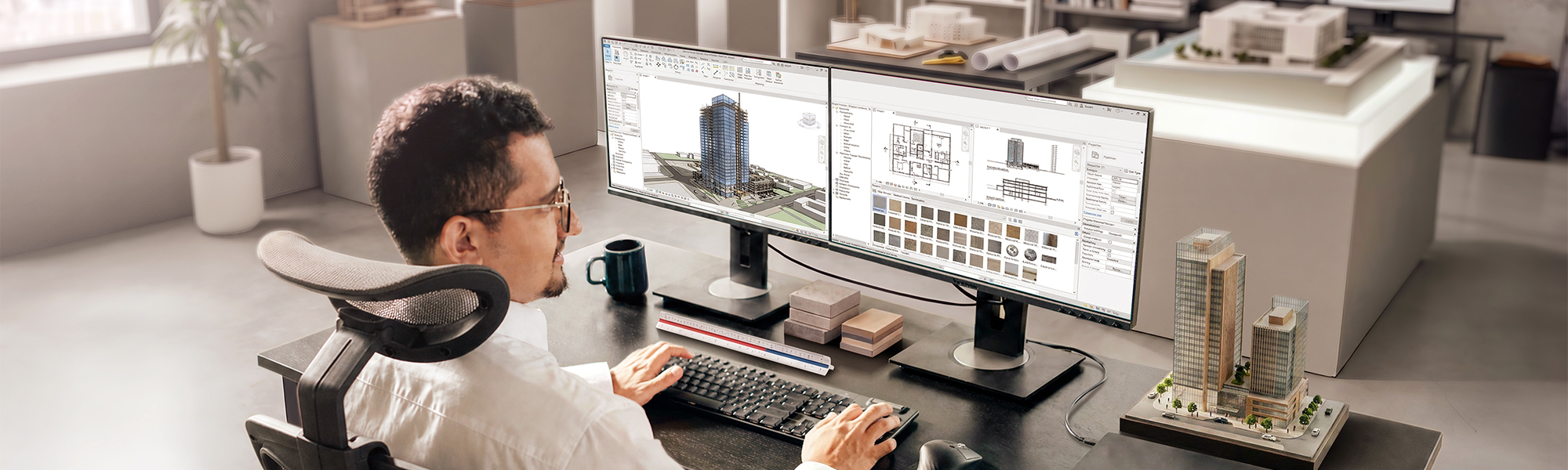Architect or industrial designer working in an ergonomic home office setup featuring a ViewSonic business monitor connected to a laptop with a single USB-C cable