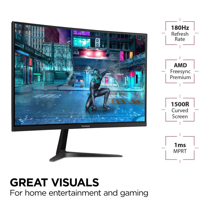 מסך גיימינג קעור  VX2718-2KPC-MHD מבית ViewSonic180 Hz Refresh Rate, AMD Freesync Premium, 1500 Curved Screen, and 1ms MPRT.  Great visuals for home entertainment and gaming.
