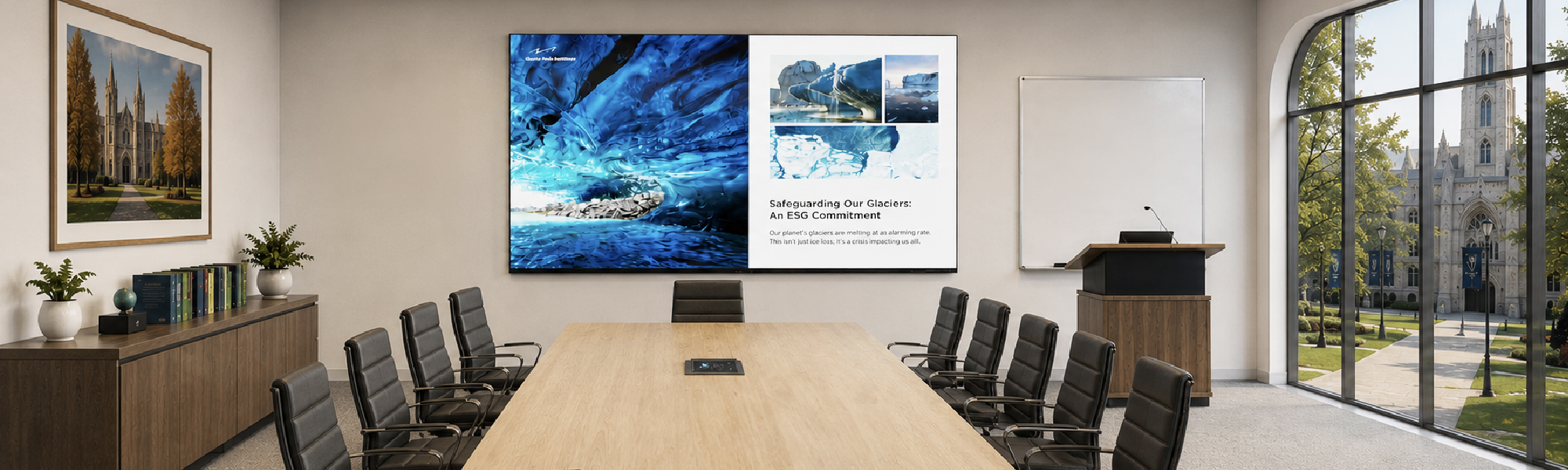 Large meeting space at an University. ViewBoard on the wall displaying environmental news.