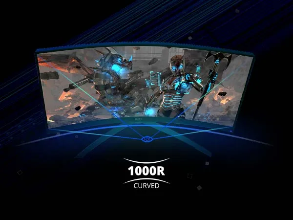 curved display showing a sci-fi cyborg dragon and warrior