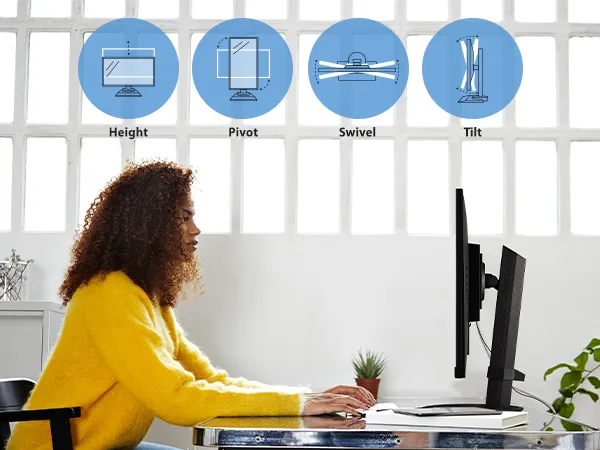4 images showing how the monitor can swivel, adjust height, pivot, and tilt