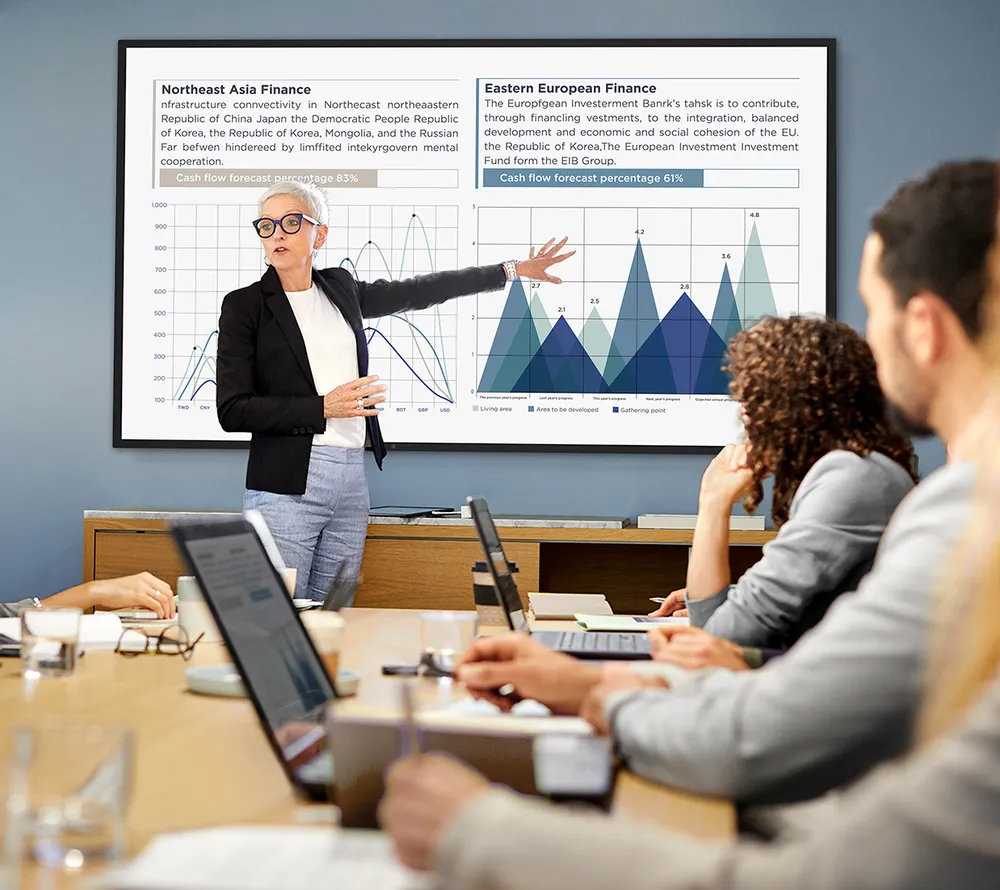 Woman presenting and sharing using a CDE30 series display in front of a meeting room.