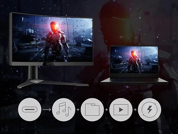 usb-c connection between laptop and monitor for power and data transfer
