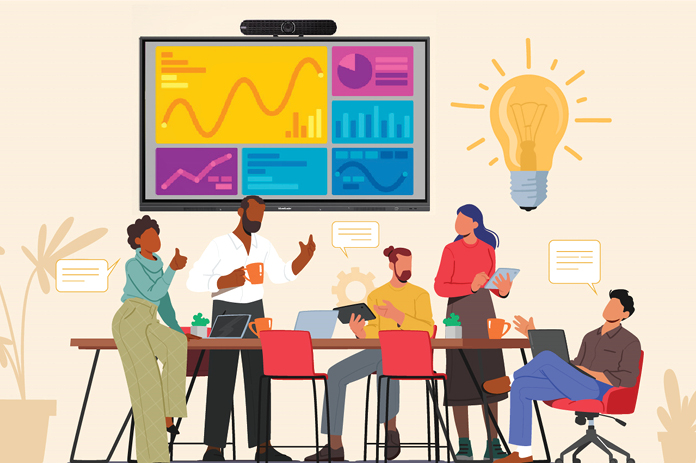 Illustration of a group of workers collaborating near a ViewBoard