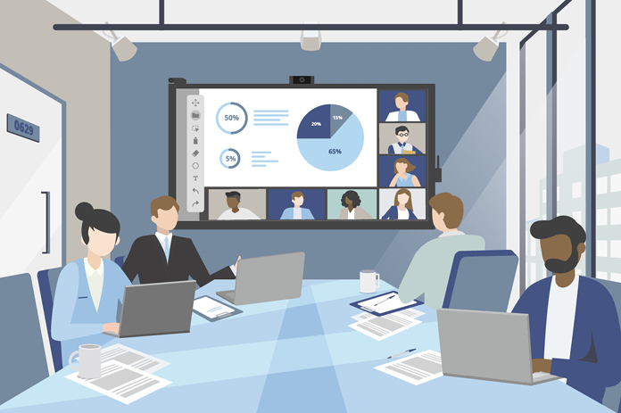 Illustration of a conference room with a ViewBoard and employees working on laptops