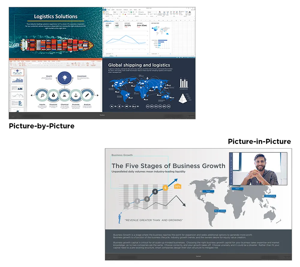 supports either picture by picture split screen, or picture in picture modes