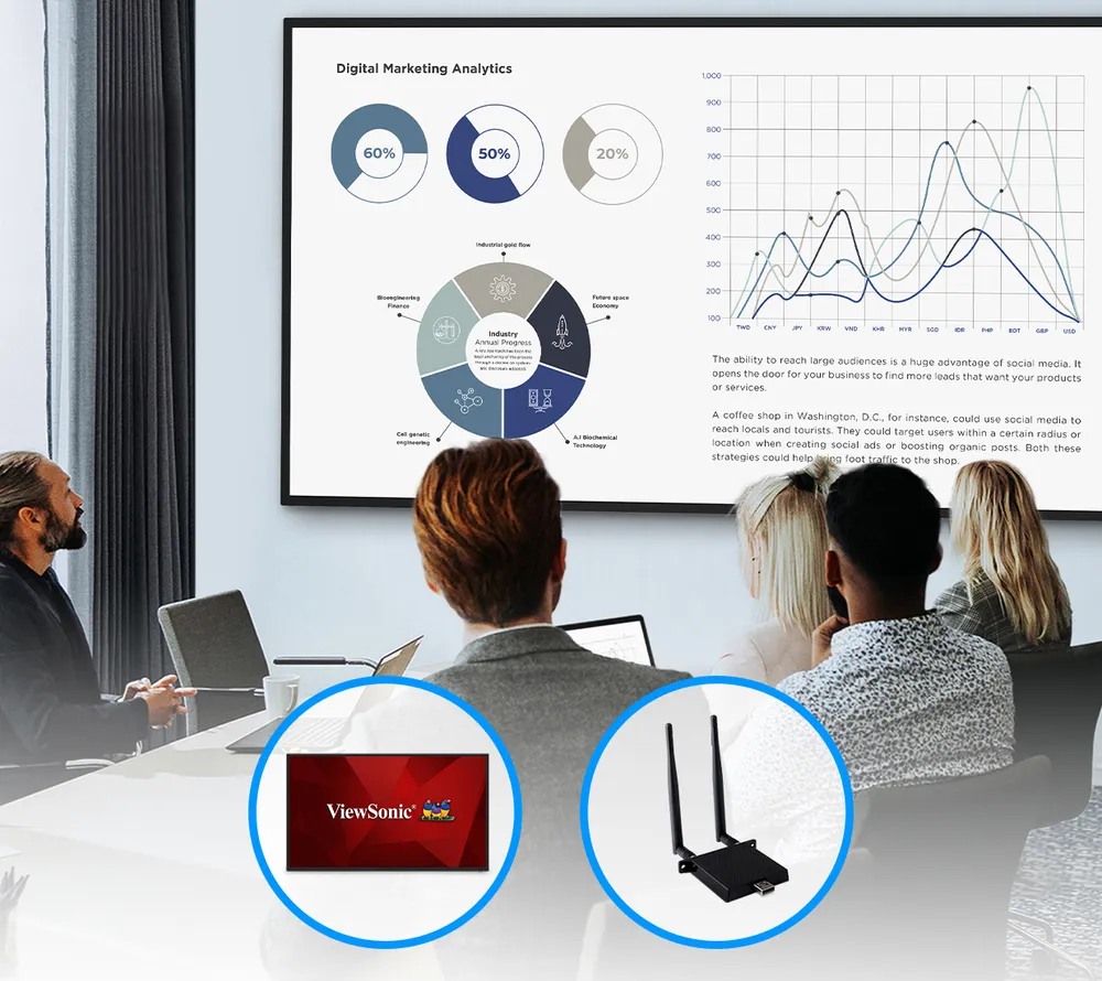 people in conversation sitting in front of a display. Display shows charts and graphs being sent from laptop in front of one of the people. Foreground shows icons of the display, and a wifi/bluetooth adapter for what is included in box.