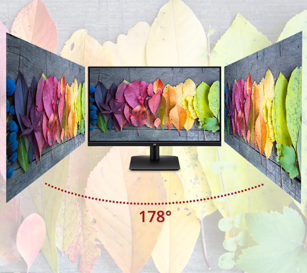 monitor que muestra un ángulo de visión de 178° con hojas en la pantalla