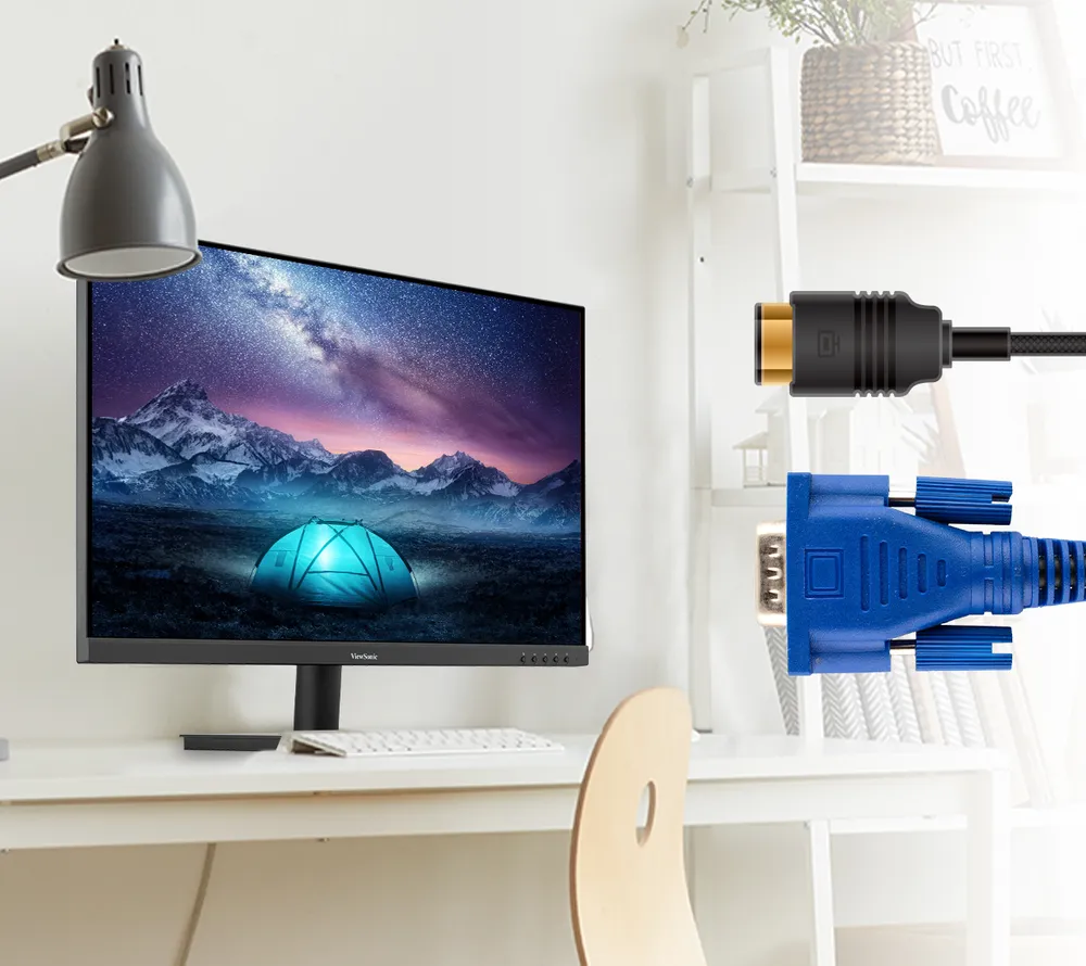 monitor showing an hdmi cabe and a vga cable