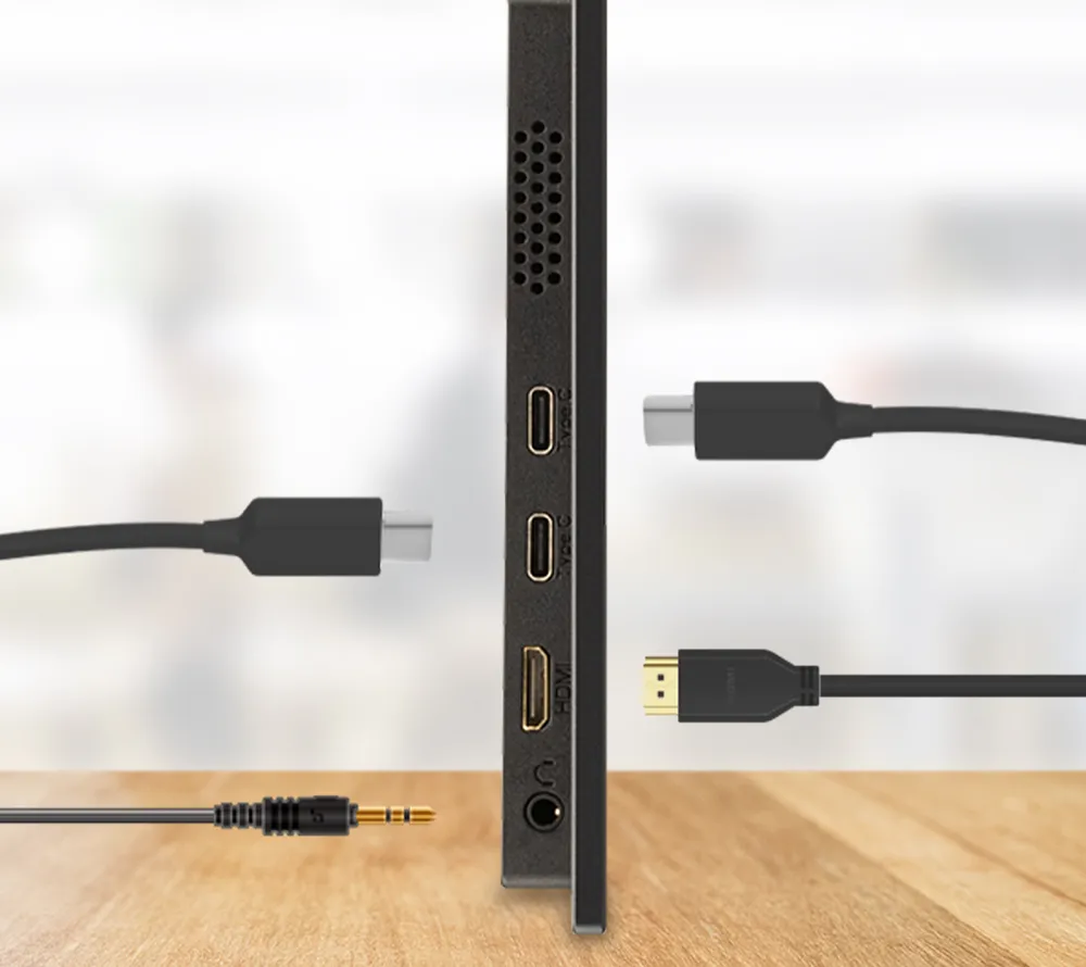 Side of VX1655-4K -OLED showing USB-C, mini HDMI, and 3.5mm audio connectors