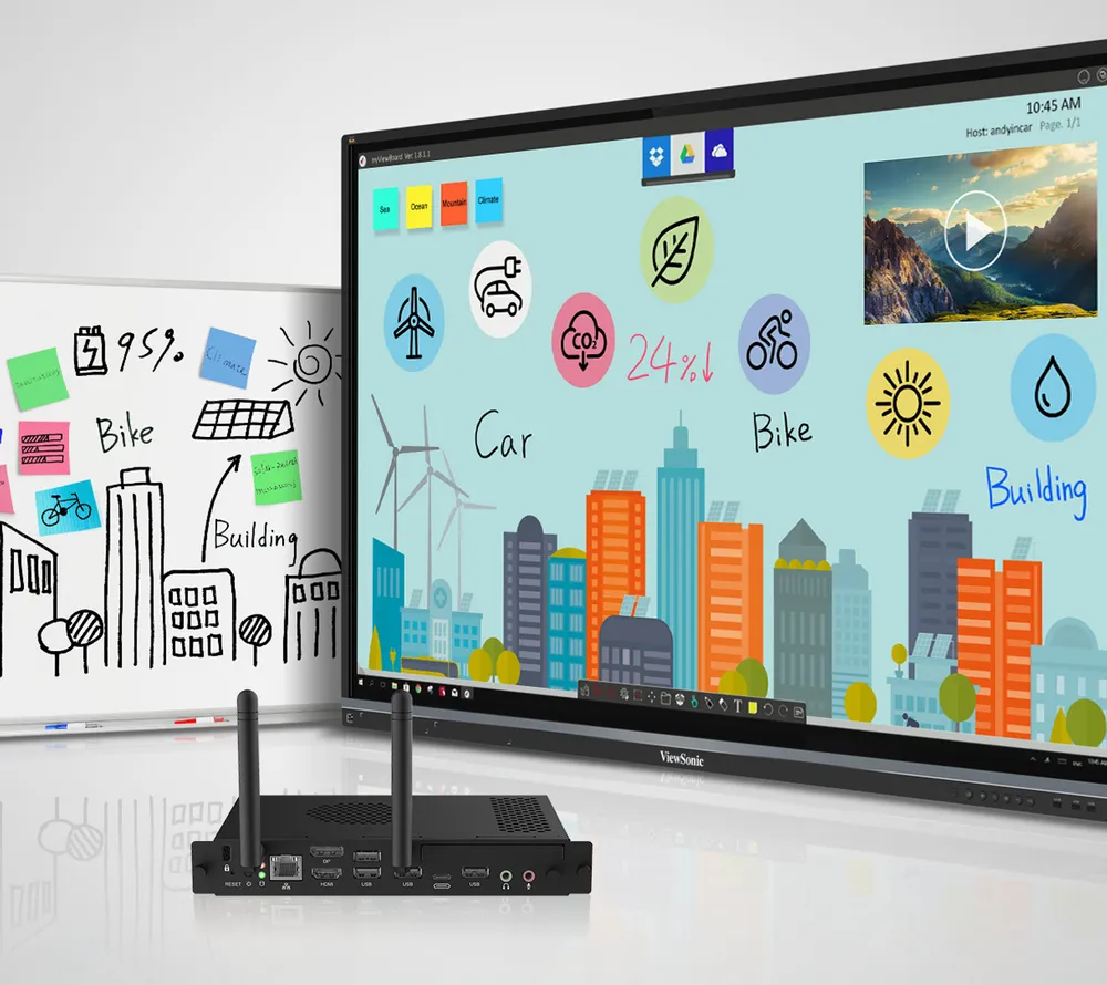 a viewboard display, and a traditional whiteboard next to a VPC module
