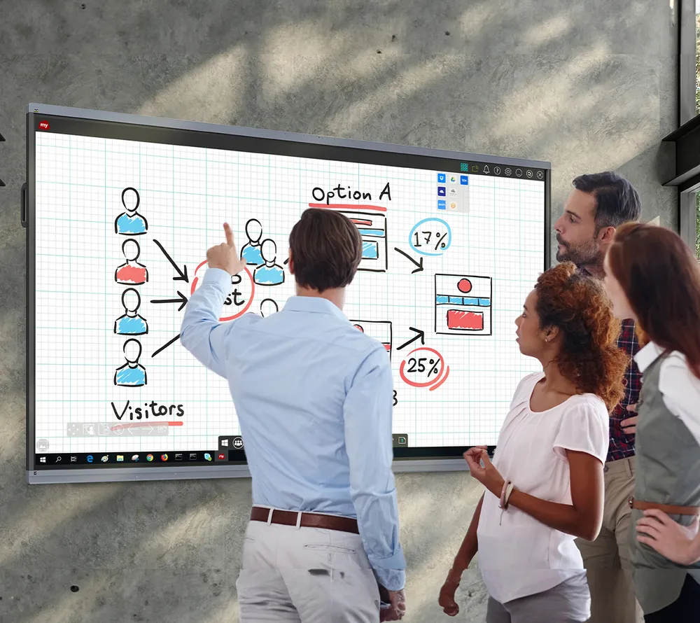 person touching an interactive display with a graph on the screen