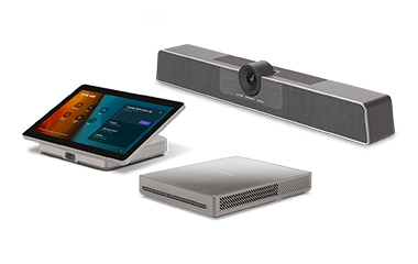 Conference room with large display showing remote workers in a meeting