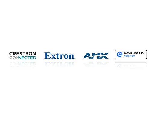 Pro AV logos: Crestron, Extron, AMX and Q-SYS