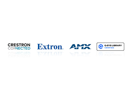 Pro AV logos: Crestron, Extron, AMX and Q-SYS