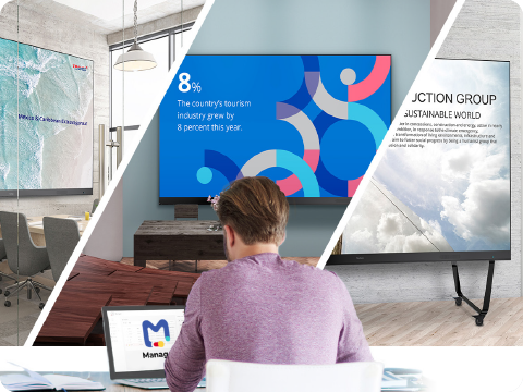 a man working on a laptop connected to a variety of displays with the software