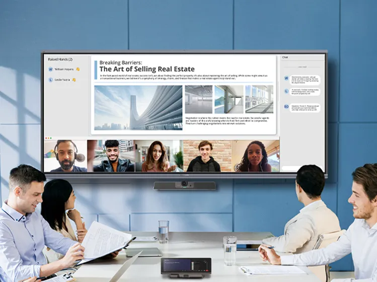 a split screen showing someone conferencing to their team in a board room using a webcam monitor, and a viewboard respectively