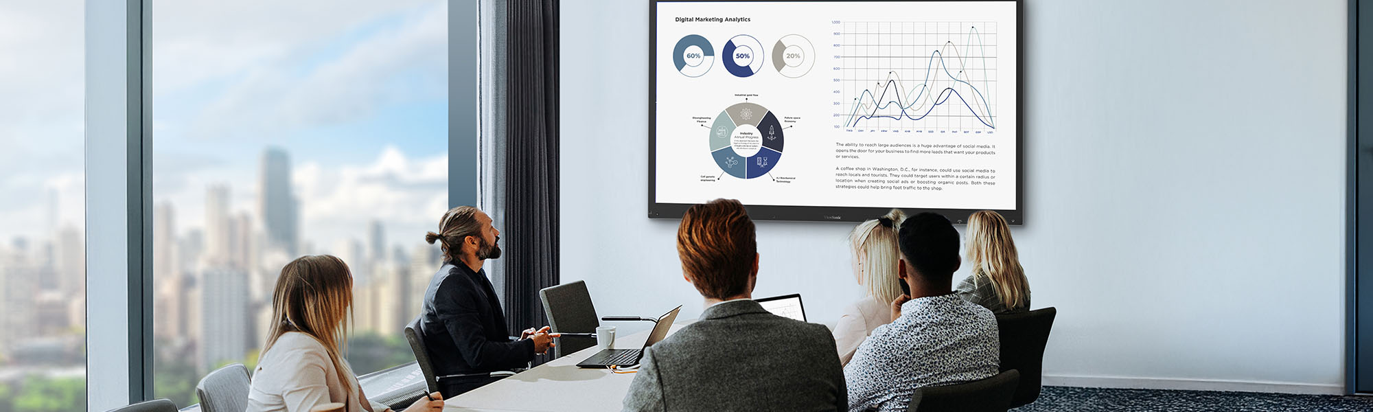 a businesswoman giving a presentation using a viewboard display in a conference room.