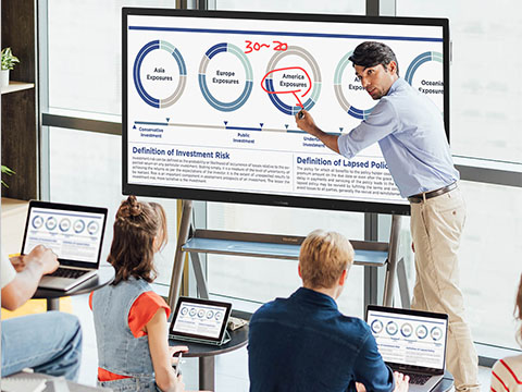 two people using the touch screen on a viewboard simultaneously.