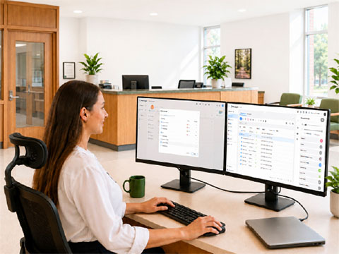 Woman sitting at a desk in a professional office setting using ViewSonic business monitors with single-cable USB-C connectivity.