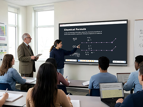 Student standing in the front of a classroom pointing to a science lesson on a ViewBoard