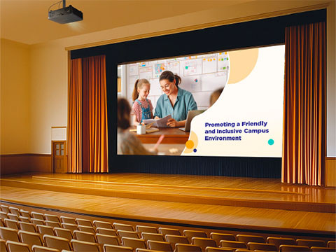 Instructor casting from his laptop on a podium and pointing to ViewBoard display