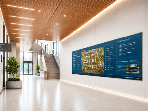 Instructor teaching to a classroom and hybrid students shown on the screen