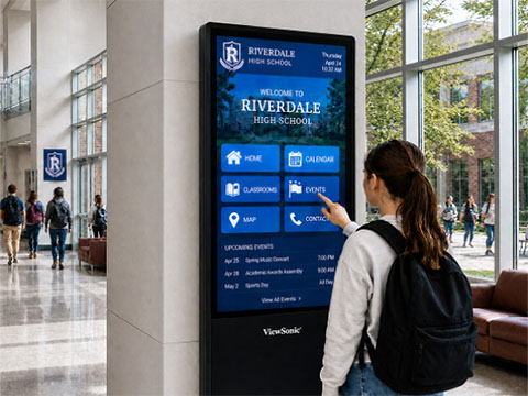 Instructor teaching to a classroom and hybrid students shown on the screen