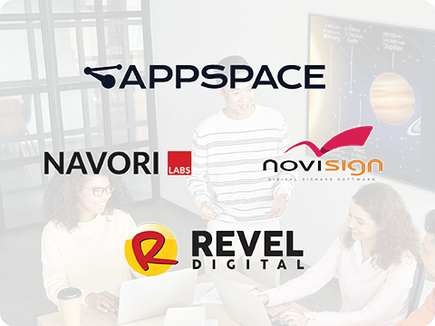 logos for appspace, navori, novisign, and revel digital are shown