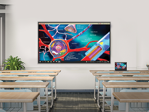a large display is on the wall at the front of a classroom