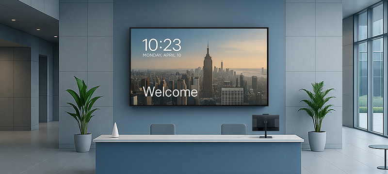 a large display on the wall in the lobby of an office building