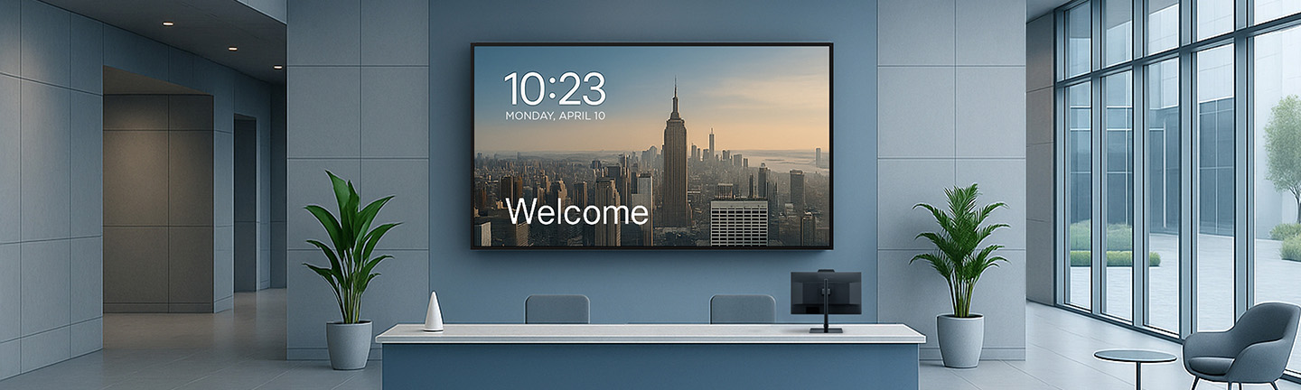 a large display on the wall in the lobby of an office building