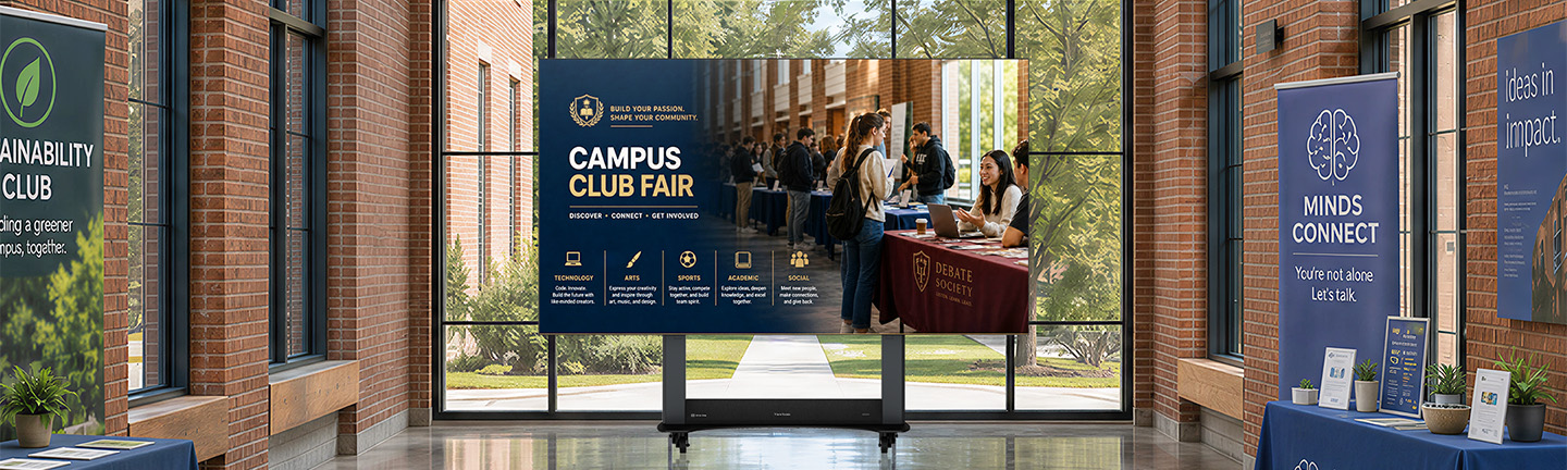 LDS Direct View display advertising a Campus Club Fair inside a college public area