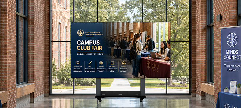 LDS Direct View display advertising a Campus Club Fair inside a college public area