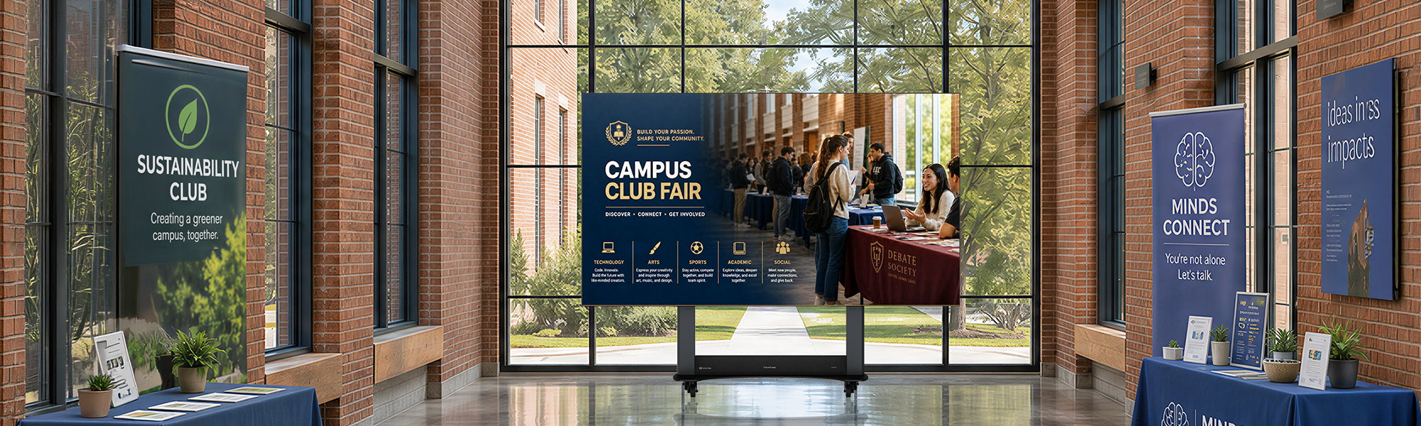 LDS Direct View display advertising a Campus Club Fair inside a college public area