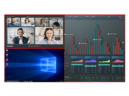 a monitor showing a split screen with a number of applications shown at once