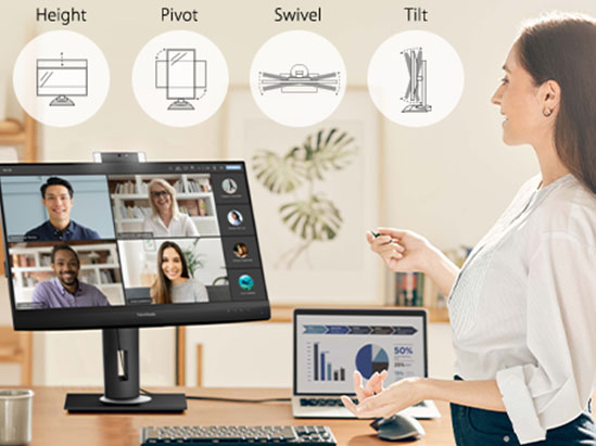 a monitor is shown with feature callouts for height, pivot, swivel, and tilt adjustments