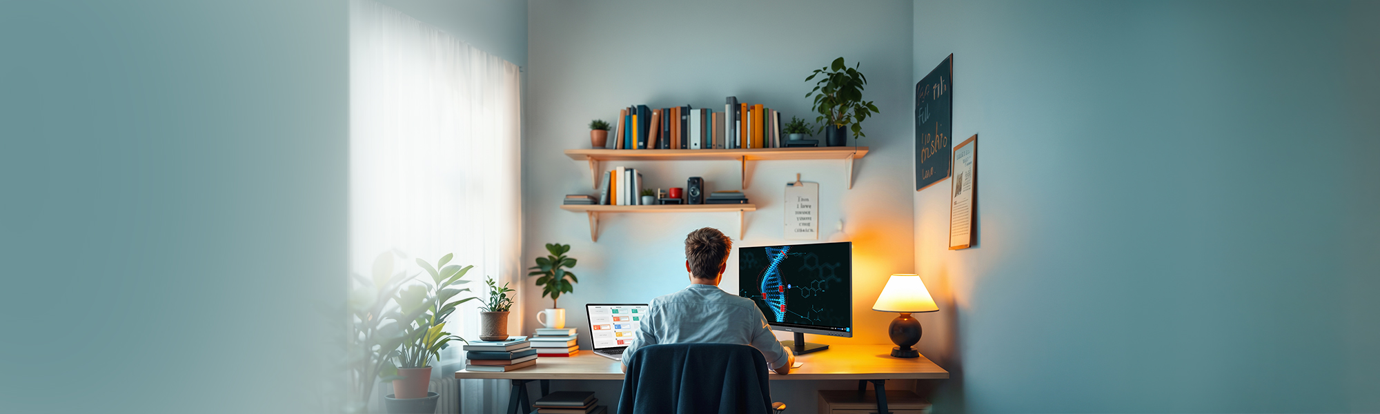 Man on his laptop using a ViewSonic monitor, sitting at a dorm room desk working on classwork for a science class