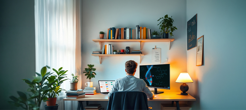 Man on his laptop using a ViewSonic monitor, sitting at a dorm room desk working on classwork for a science class