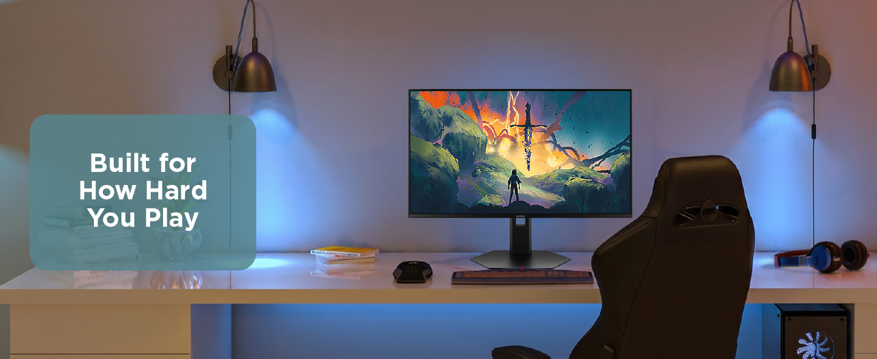 ViewSonic gaming monitor sitting at a gamer's desk with a fantasy game on the screen